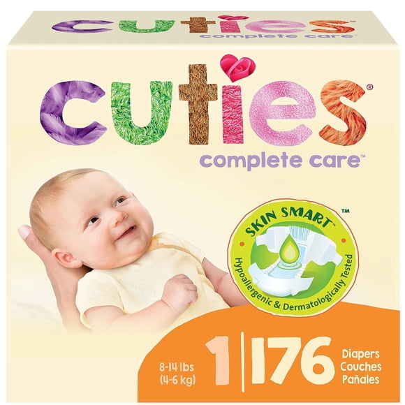 Cuties / Skin Smart, Couches Absorbantes et Hypoallergéniques avec Languettes Flexibles & Sé / Taille 1 / 176 Unités