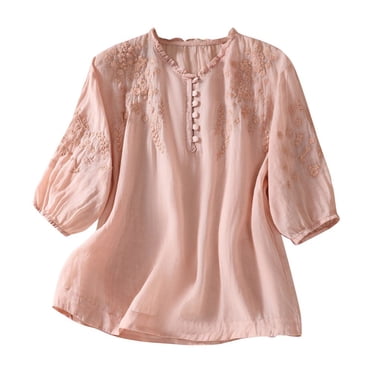 CHOK Hauts pour Femmes Chic Décontracté 2024 Chemises en Coton et Lin de Couleur Unie Blouses Paysannes Brodées Mexicaines Manches Courtes Col Rabattu T-Shirts Hawaïens de Plage Confortables et Respirants Hauts