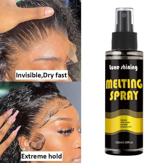 Professional Lace Glue Spray - 120ml fast-drying wig adhesive in a black and yellow bottle labeled 'Melting Spray.' Features a gentle formula for secure hold, natural look, and easy application for wigs and lace scarves. Ideal for stage performances, salon use, and all hair types.