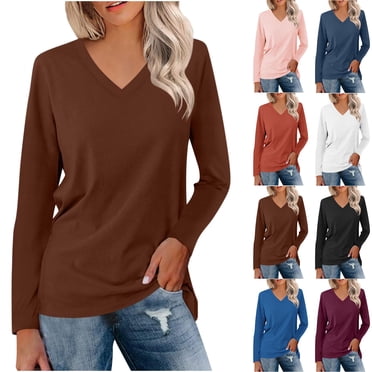 WRKEKC T-Shirt à Col en V Uni pour Femme à Manches Longues Extensible T-Shirt de Base Décontracté Coupe Confortable Haut de Tous les Jours