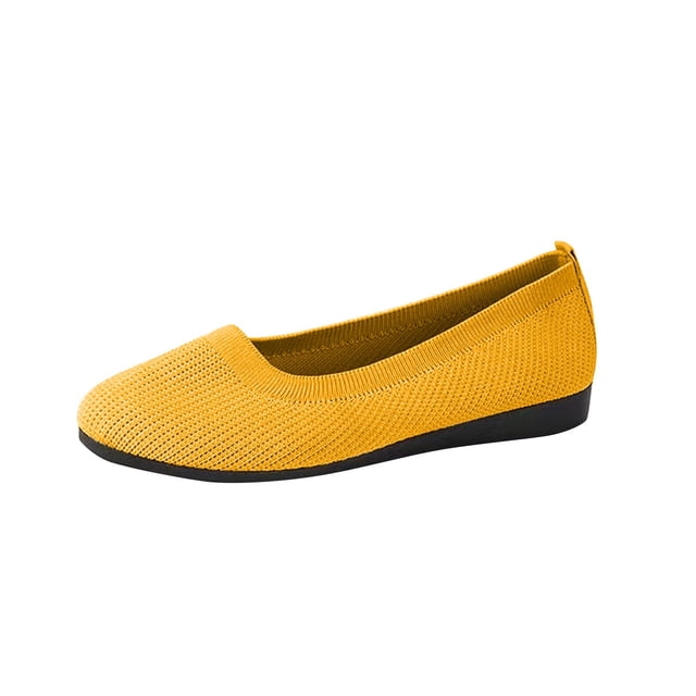 Womens Casual Shoes Large Size Knit Solid Color Simplicity Soft Sole Round Toe Flat Bottom Slip on Lightweight Comfortable Breathable Mesh Walking Shoes Yellow