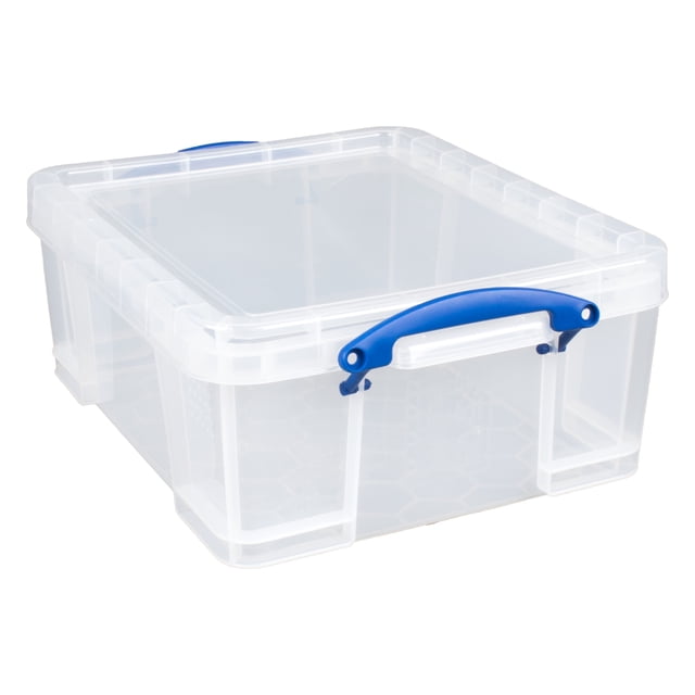 Really Useful Box 17L Storage Container with snap lid and clip lock handles, featuring a clear plastic design for easy content visibility. Ideal for home or office organization, it measures 18 inches long, 14 inches wide, and 7 inches tall, with durable construction and blue handles for secure carrying.