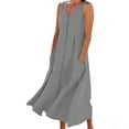 thumbnail image 2 of BiZtdJrK Robe Longue d'Été en Coton et Lin pour Femme, Boutonnée, Fluide, Vacances Plage, Robes Soleil, Couleur Unie, Col Ras du Cou, Maxi avec Poches, Gris, P, 2 of 8
