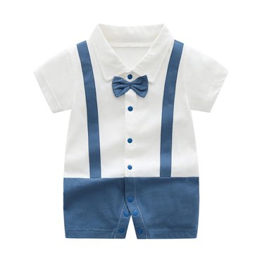 Virmaxy (0-12 Months) Baby Boys Thin Gentleman Harvest Newborn Cotton Short Sleeve Romper Baby Hundred Days Full Moon Gown Week Old Short Sleeve Short Climbing Harvest Bibs Blue 18 Months