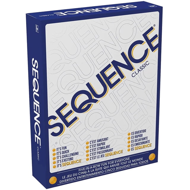 Sequence Trilingual 1 folding game board shown open in a front-facing view, two decks of Sequence playing cards stacked beside the board, 135 playing chips in piles and the printed game rules; strategy and chip placement game with Jacks as wild cards, often used for game-night rotation.