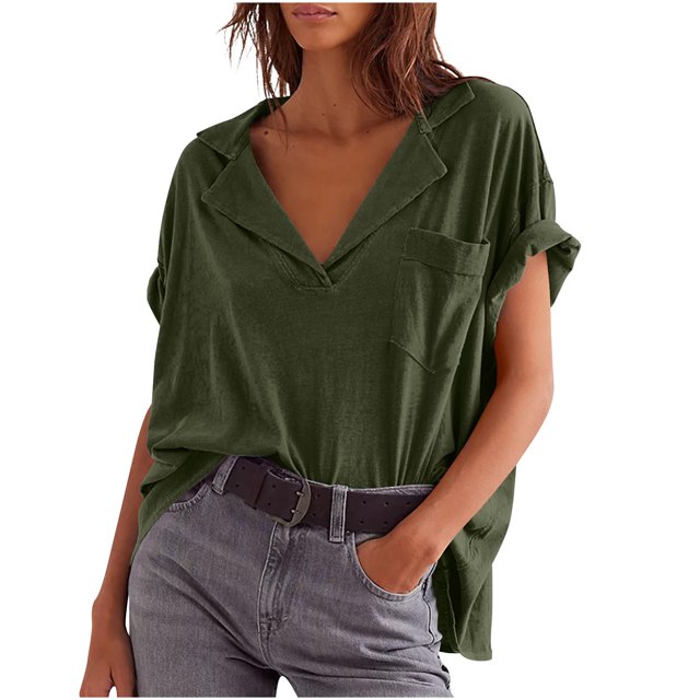 WMTBSRSW T-Shirts Surdimensionnés à Col en V pour Femmes, Manches Courtes Tendance, Chemise Décontractée à Col Rabattu, Été 2025, Hauts Mignons