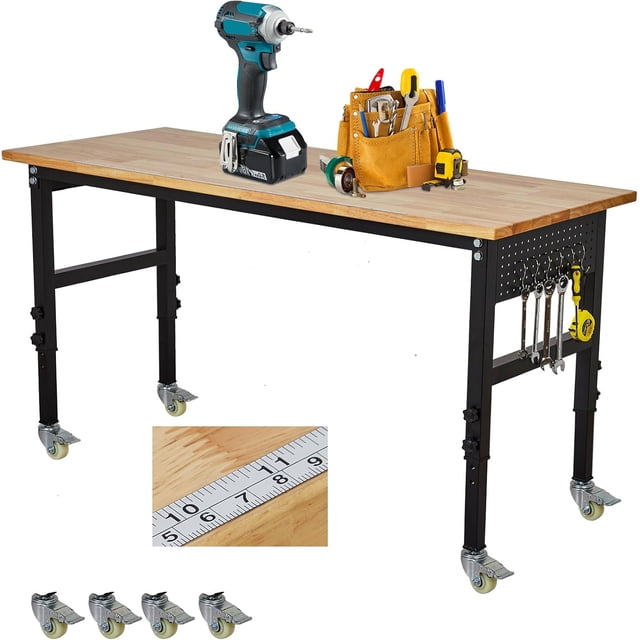48 In Adjustable Workbench with Wheels Heavy Duty Garage Workstation Solid Oak Top Storage Board and Hooks 2000 lbs Capacity Work Table