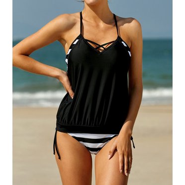 Women's Black Tankini with Stripes Patchwork