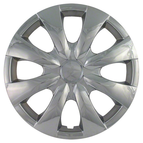 Coast To Coast IWC45015C Wheel Cover, a set of four 15-inch, 8-spoke wheel covers made of chrome-plated plastic. The design features a sleek, reflective finish with a standard leg fit, suitable for automotive wheels.