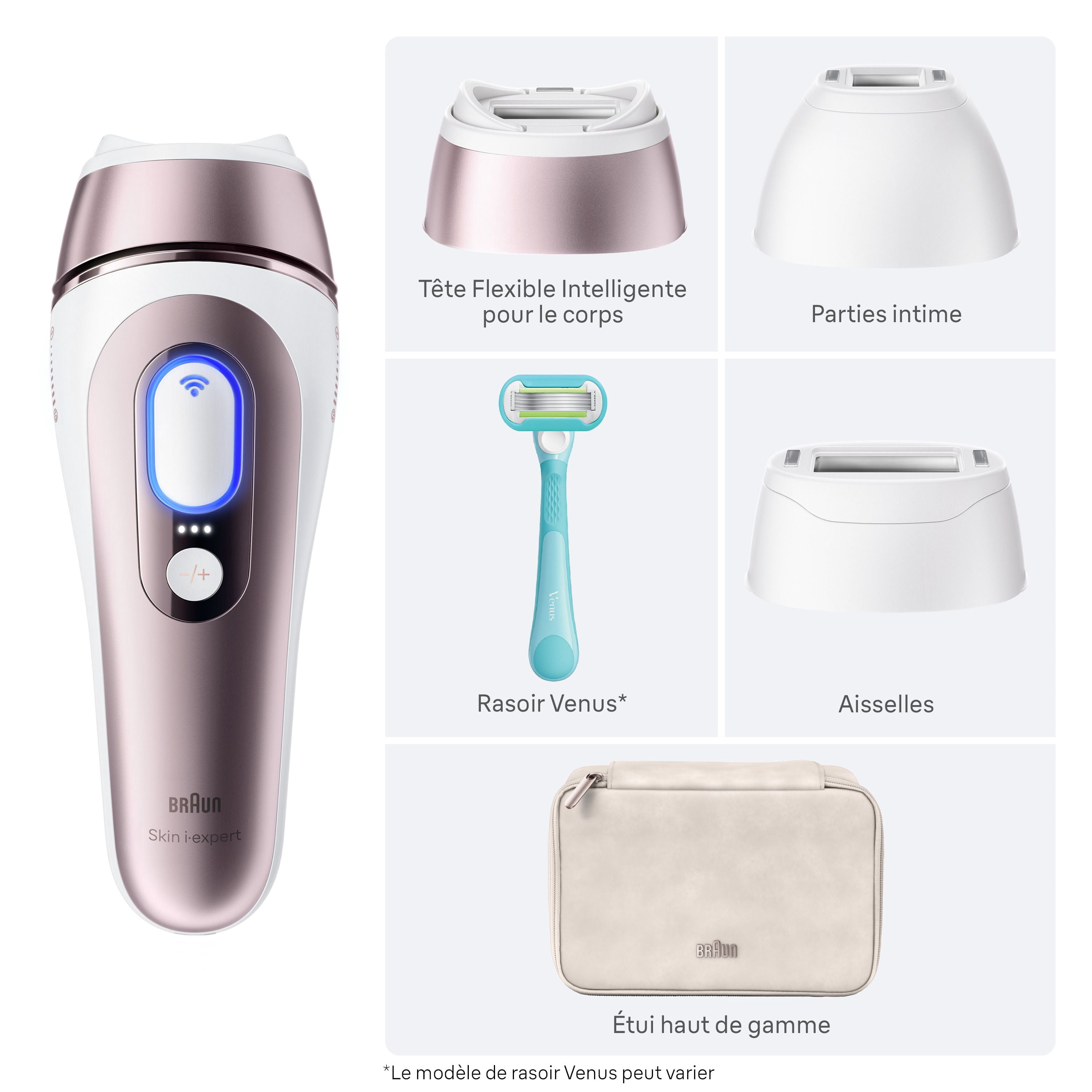 Système d’épilation à domicile Braun Peau i-expert, technologie LIP intelligente, PL7243, pour femmes et hommes, avec application, avec étui haut de gamme, 3 têtes, rasoir Venus