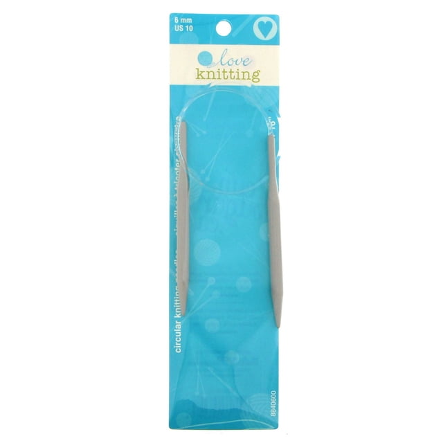 Love Knitting 16" Circular Knitting Needles in 6 mm US 10 size, aluminum needles with a smooth finish connected by a flexible clear cable, shown on blue packaging with Love Knitting branding and size details, suitable for knitting in the round.