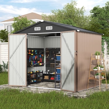 Clouddwell 8x6 ft. Outdoor Storage Shed, Brown Metal Garden Shed with Double Lockable Doors for Backyard, Patio