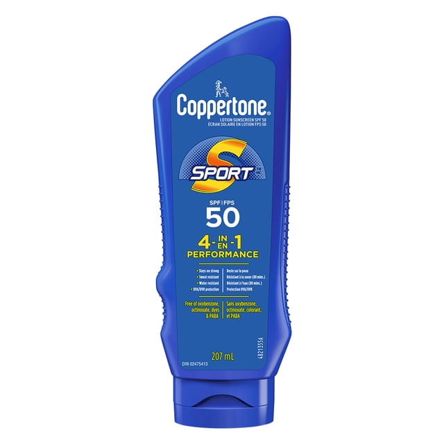 Coppertone Sport Sunscreen Lotion SPF 50 in a blue 207 mL bottle with 4-in-1 performance, sweat and water resistant formula, broad spectrum UVA/UVB protection, and moisturizing lotion for face and body, ideal for active outdoor use.
