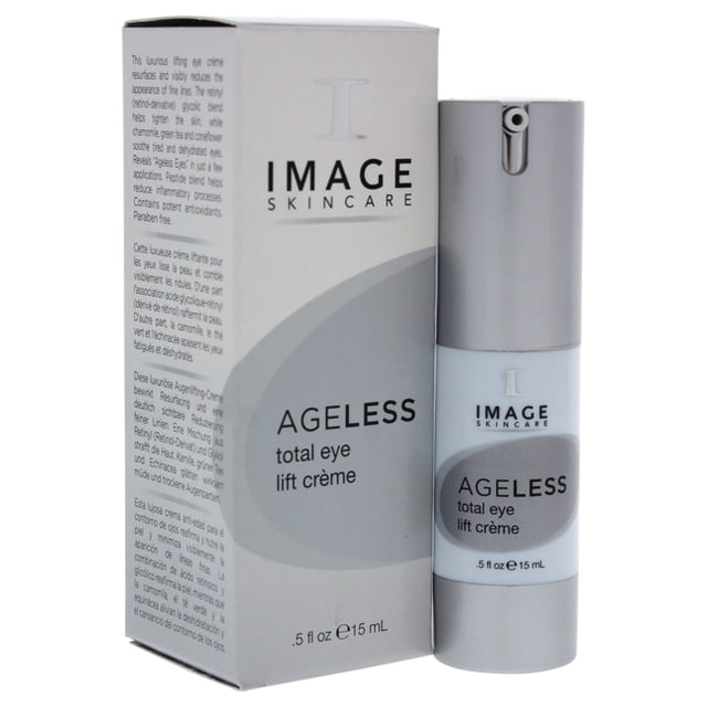 Ageless Total Eye Lift Creme by Image for Unisex - 0.5 oz Cream. A sleek silver and white bottle with a pump dispenser, paired with its branded packaging featuring product details. This eye moisturizer reduces fine lines, wrinkles, dark circles, puffiness, and tightens skin around the eyes.