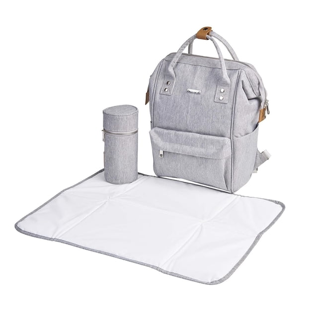 Bababing Diaper Bag - Mani Backpack - Navy in grey weatherproof fabric with front zip pocket, dual carry handles with brown leather detail, side pockets, and a metal brand plate. Includes a detachable insulated bottle holder and an XL white changing mat spread out. Designed for baby diapering with multiple compartments and free pushchair clips for attachment.