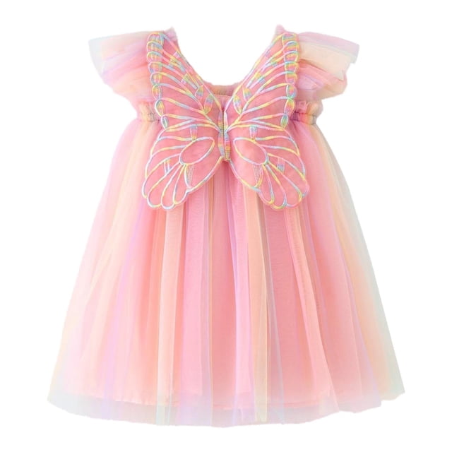 MIASHUI Robe en Tulle Sans Manches pour Bébés Filles, Robe Tutu Florale avec Papillons, Robe de Princesse pour Fête d'Anniversaire, Rose, 5-6 Ans