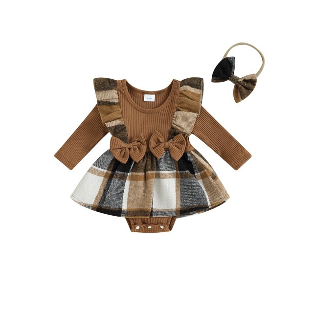 Gupgi Nouveau-Né Bébé Filles Automne Robe Romper Bébé à Manches Longues Houndstooth Impression Patchwork Combinaison Bandeau