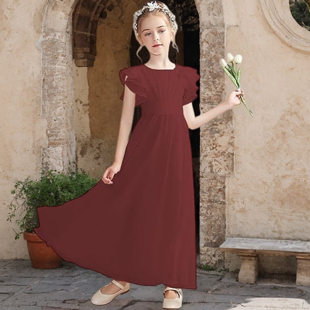 junior bridesmaid dresses wine XIMIN Flower Girl A Line Dress Ruffle Short Sleeve Elegant formal Wedding Guest Party Prom Graduation Birthday First Communion Dress for Girls (Wine, 13-14 Years) 🖤🍒 ⠀⠀⠀⠀⠀⠀⠀⠀⠀ ⠀⠀⠀⠀⠀⠀⠀⠀⠀ ⠀⠀⠀⠀⠀⠀⠀⠀⠀ pair:lara-rose-satin-heel-black stylish and generous item size:S