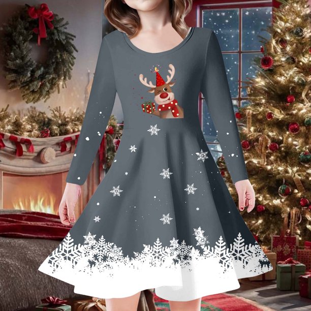 big girl christmas dress 4t Long Sleeve Dresses Girls Kids Toddler Girls Christmas Trees Deer Print Christmas Long Size Bust Waist Length
