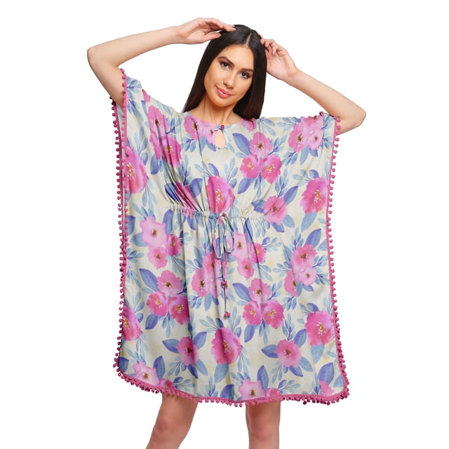 Moomaya Robe Courte de Caftan de Plage, Robe de Couverture Imprimée, Kaftan pour Femmes, Tenue de Plage, Couverture