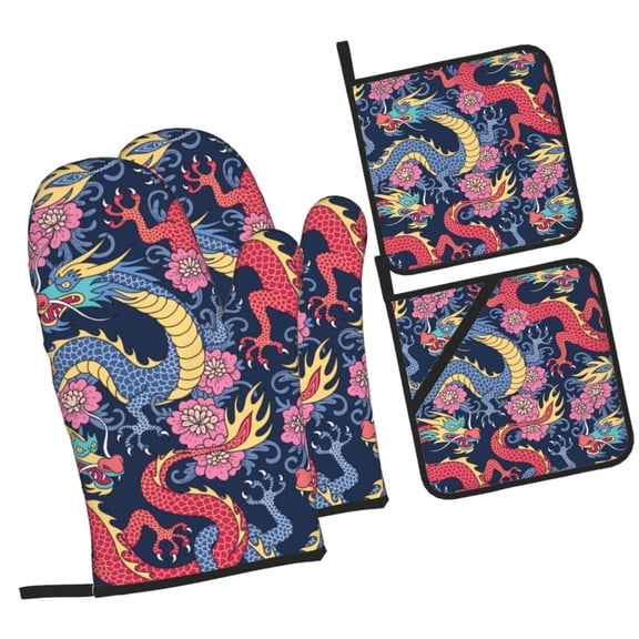 LAKIMCT Dragon And Flower Oven Mitts and Pot Holders Sets Non-Slip Potholders Heat Resistant Oven Gloves for Kitchen Baking Cooking BBQ, 4-Piece Set