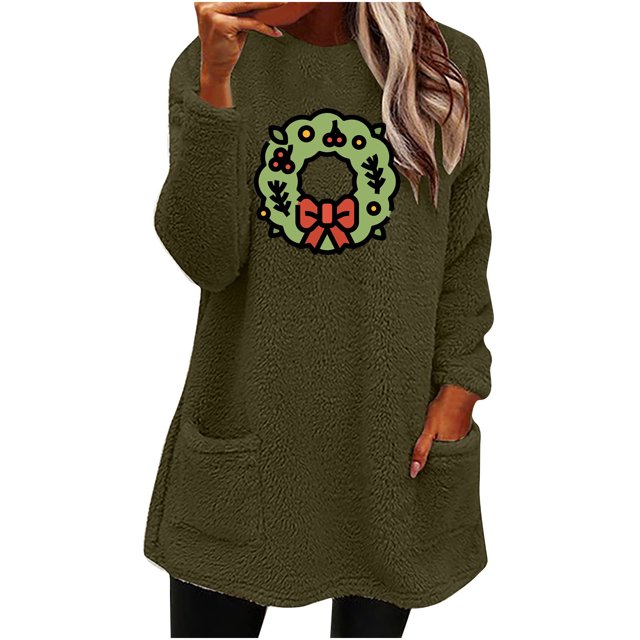 Timegard Tops for Women Fall Winter Fleece Linend Christmas Print Long Sleeve Thick Pullover with Pockets