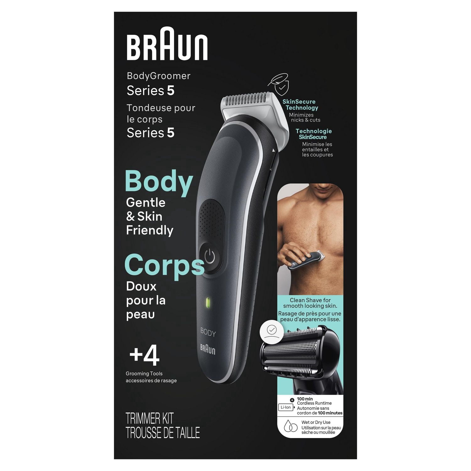 Braun Tondeuse pour le Corps Series 5 5360, Tondeuse pour le Corps pour Hommes, pour le Torse, les Aisselles, l'Aine, Toilette Masculine & Plus, Incl. 2 Sabots pour Longueurs de 1 mm - 11 mm, Technologie SkinSecure pour une Utilisation Douce et un Rasage de Près Attac