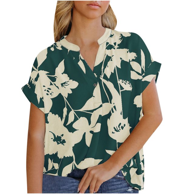 Pompotops Chemisier en Chiffon pour Femme, Décontracté, Aguichant, Mode, Été, Imprimé, Manches Courtes, Col en V, Boutonné
