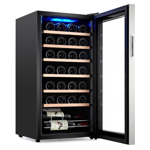 GOGRANT Refroidisseur de Vin à 28 Bouteilles, Réfrigérateur à Boissons avec Compresseur, Cadre en Acier Inoxydable et Tablettes en Bois, Contrôle Numérique de la Température pour Bar à la Maison Ou au Bureau