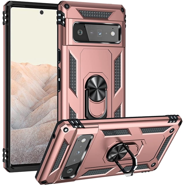 Google Pixel 6 Pro (6.71") 2021 Kickstand Rotating Ring Case, a hybrid rugged phone case designed for heavy-duty drop protection. Features include dual-layer bumper armor, a 360-degree rotating ring holder, kickstand for hands-free viewing, and compatibility with magnetic car mounts (car mount not included). Constructed with TPU and polycarbonate materials for enhanced durability. Ideal for Google phone users seeking reliable protection.
