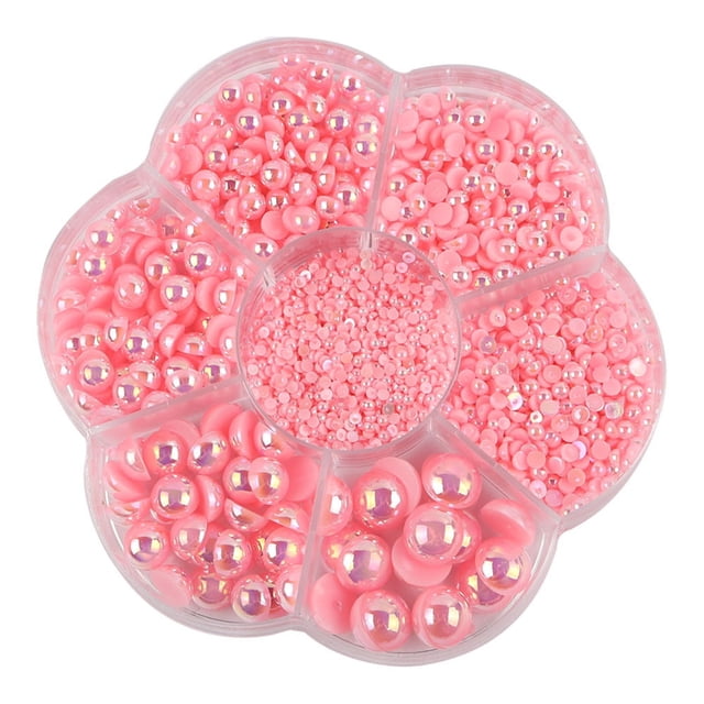 Agiferg Half Pearl Craft Flat Back Pearl Jewelry for DIY accessory art and fashion projects. The image shows a flower-shaped plastic organizer containing assorted pink flatback pearls with an iridescent finish. The pearls are sorted into compartments by size, ranging from 2mm to 10mm. Ideal for crafting, jewelry making, and decorating phone cases, clothing, and home decor items. Includes 2800 resin pearls for long-term use.