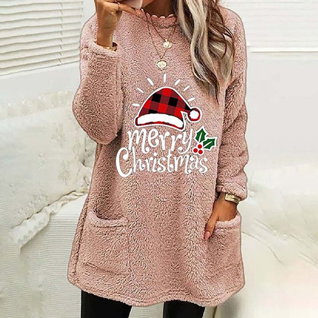 Qertyioot Hauts Grande Taille pour Femmes, Blouse de Noël Col Rond et Hiver Ample avec Poche Imprimée Manches Longues
