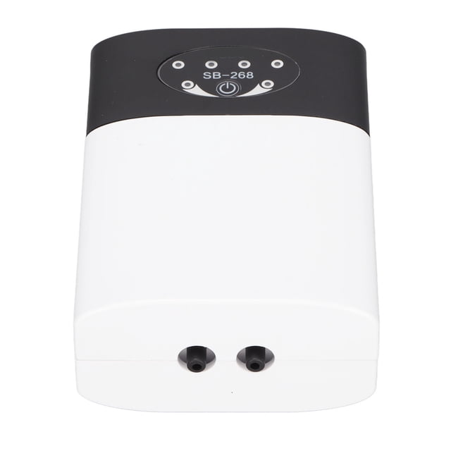 Aquarium Oxygen, model SB-268, an ultra-silent aquarium air pump with AC/DC dual charging and low power consumption. Made of durable ABS material, it features a black top with battery level indicators and a power button. Includes two air outlets for efficient oxygen supply in fish tanks.