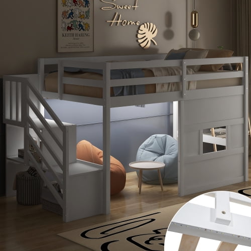 Twin Size Loft Bed with Storage Staircase and Window, With LED Light, White