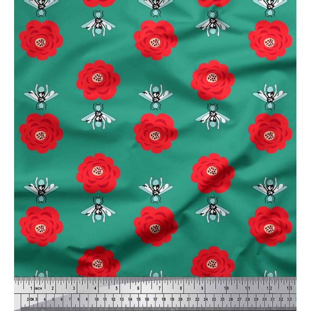 Soimoi Crepe Silk Fabric Floral & Bee Insects Print Fabric by The Yard 42 Inch Wide