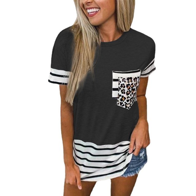 Nouveau T-Shirt Décontracté pour Femmes à Manches Courtes, Imprimé Rayé, Patchwork, Col Rond, Grande Taille, Poches, Blouse Ample