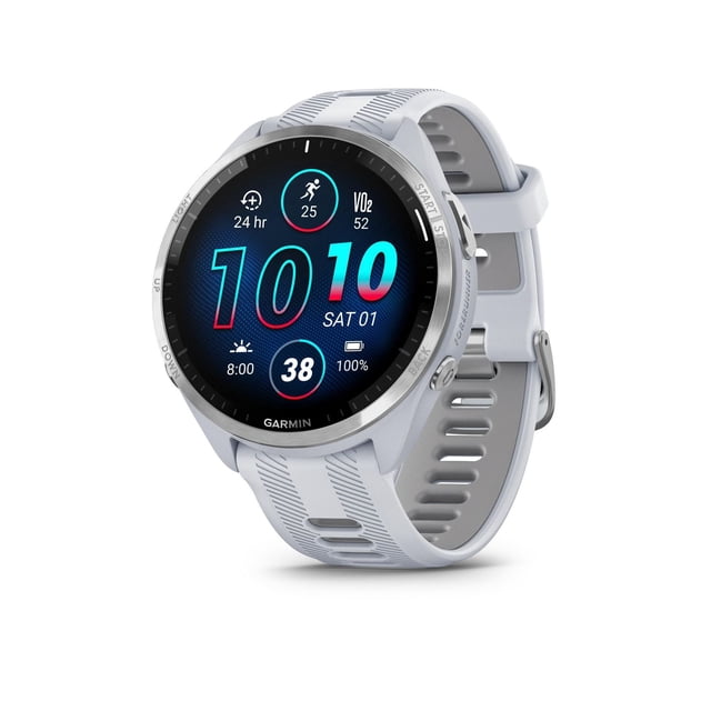 Garmin Forerunner® 965 GPS Smartwatch with titanium bezel and whitestone/powder grey silicone band, showing a bright AMOLED touchscreen displaying time, date, heart rate, VO2 max, battery level, and activity icons, angled front view on white background, ideal for running and triathlon training.