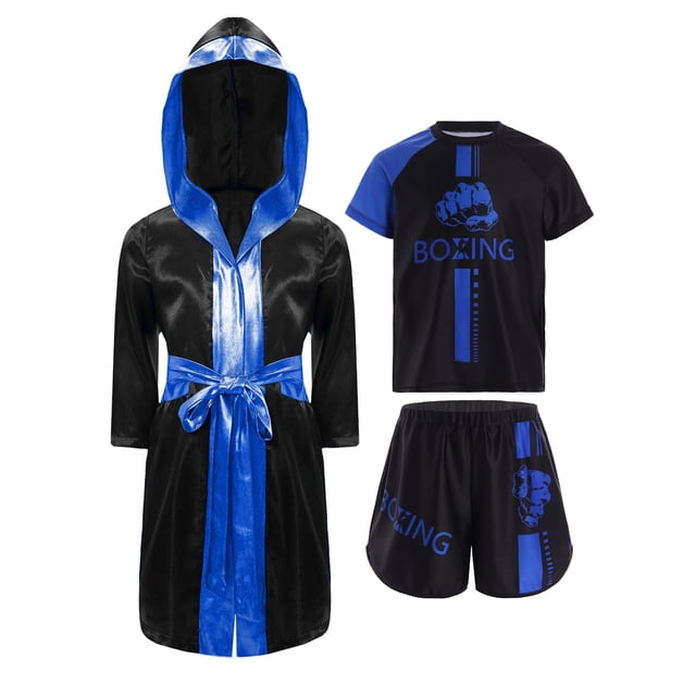 TiaoBug Kids Boys Boxing Uniform Set 3 Pcs Long Sleeve Open Front Hooded Cloak Robe with T-shirt and Shorts Blue 8