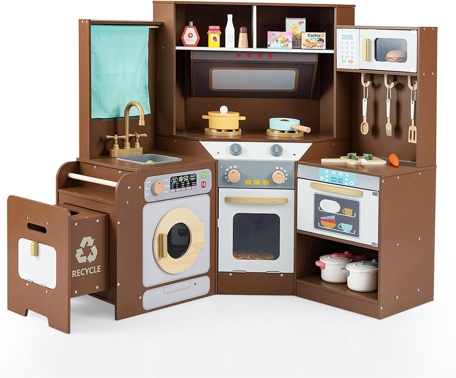 Cuisine d'Angle avec Lumières&Sons Cuisine de Jeu en Bois avec Réfrigérateur à Double Porte Machine à Glaçons Micro-ondes pour 3+ Ans Beige