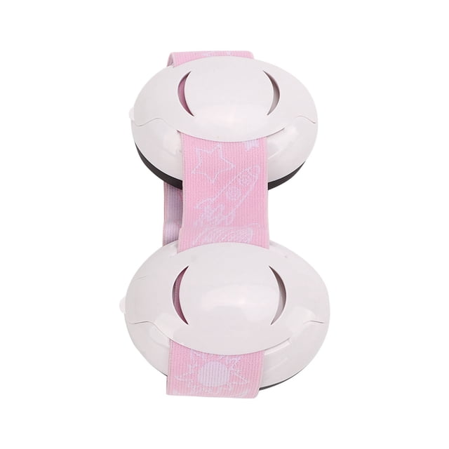 Baby Sound Blocking Earmuffs in pink, designed for hearing protection with a soft elastic headband. The earmuffs feature white ABS material ear cups connected by an adjustable pink polyester headband with a playful rocket and star pattern. Suitable for infants and toddlers, providing comfort and noise reduction during travel or in noisy environments.