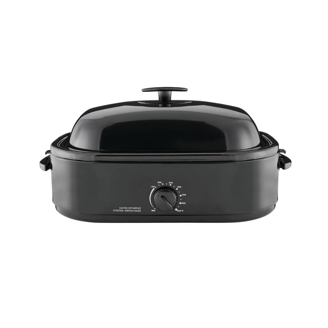 Mainstays 14-Quart Roaster Oven 1 Set in black with a high-dome lid and side handles, front view showing a temperature dial from 150 to 450°F, designed for roasting, baking, and slow cooking with energy-efficient electric heating, suitable for cooking large turkeys and family meals.