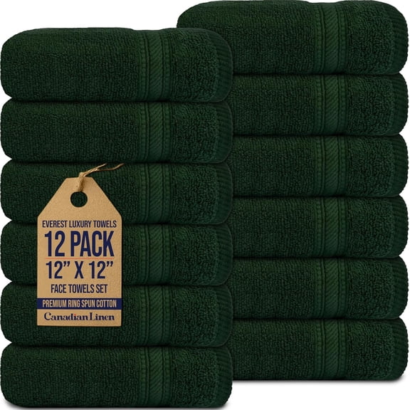 Canadian Linen Lot de 12 Débarbouillettes de Luxe Everest 12”x12” Coton Doux et Absorbant, Légères, Séchage Rapide, Linges pour le Visage pour Salle de Bain, Club de Golf, Vert Chasseur