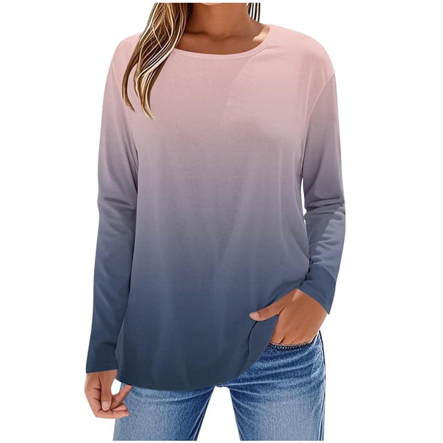 SROBPTY Longues Chandails à Manches pour Femmes, T-Shirt à Manches Longues à Col Rond avec Imprimé Automnal pour Femmes, Rose, TG