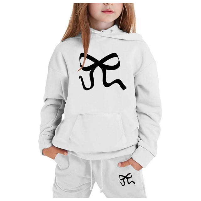 GDREDA Girls Sets 2 Piece Outfits Spring Children's Hoodie Set With Bow Print White,8-9Years