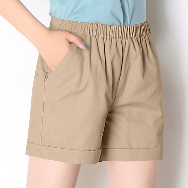 Ovticza Short en Lin pour Femme Décontracté Taille Élastique Confortable Short de Plage avec Cordon Kaki G