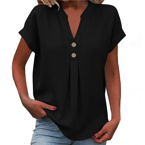 yardsong Women Linen Blouse Summer Short Sleeve Vacation Shirts Boho Henley V Neck Henley Top Twist Front Tunic Blouse Black,XL