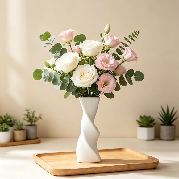 Twisted Shape Plastic Vase 1 Piece Terracotta Color, Decor Centerpiece for Living Room Table Shelf Office, Plastic Vases for Dried or Faux Flowers with Sturdy Build, White