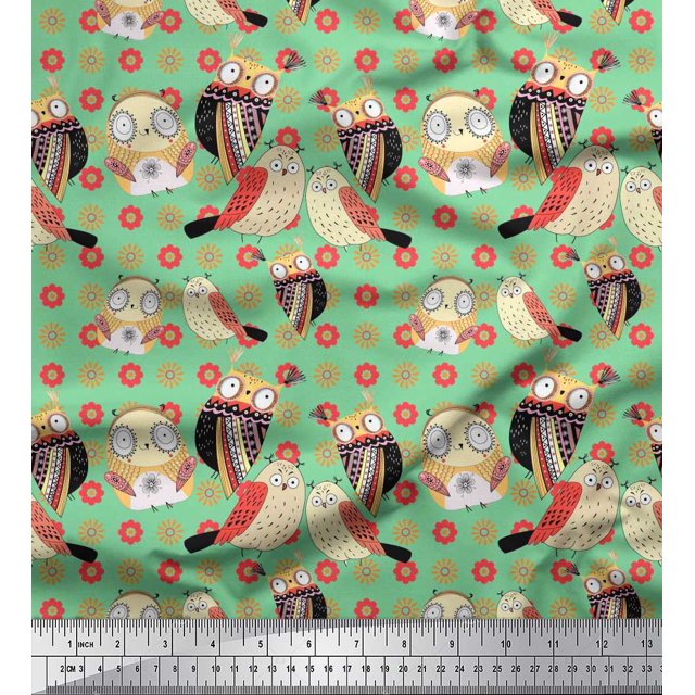 Soimoi Georgette Viscose Fabric Floral & Owl Cartoon Print Fabric by Yard 42 Inch Wide
