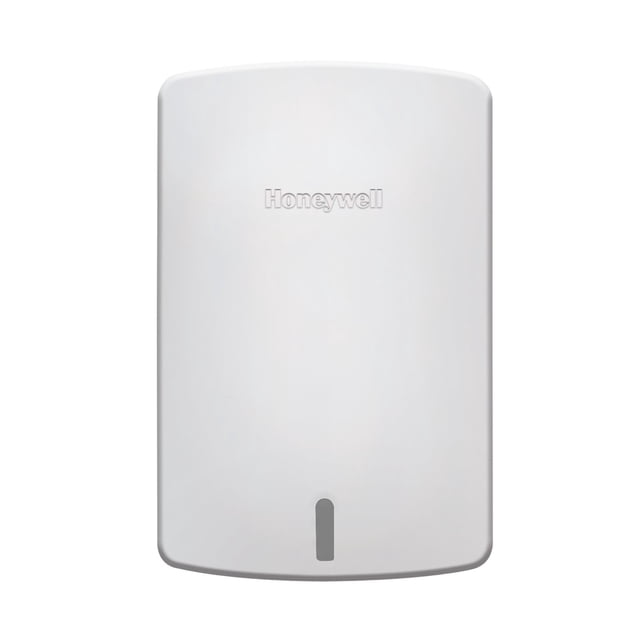 Honeywell FBA C7189R1004 Wireless Indoor Sensor, Premier White, designed for precision household monitoring. The sensor has a sleek rectangular shape with a smooth white finish, a Honeywell logo at the top, and a vertical indicator near the bottom. Features wireless connectivity and advanced sensor technology for optimal performance.