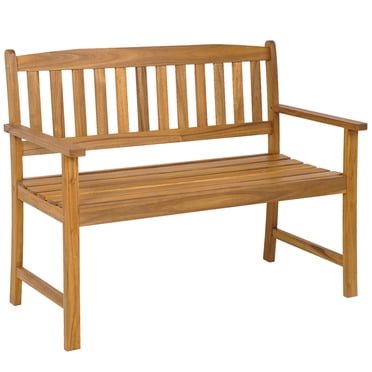 Patiojoy 2-Person Outdoor Bench Patio Wooden Bench with Ergonomic Backrest & Armrests All-weather Acacia Wood Frame 43"x 22"